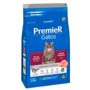 Ração Premier Gatos Ambientes Internos Adultos de Pelos Longos Sabor Frango 1,5 kg