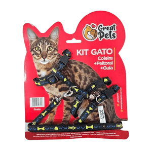 Kit Peitoral com Coleira e Guia para Gatos - Preto