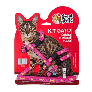 Kit Peitoral com Coleira e Guia para Gatos Rosa