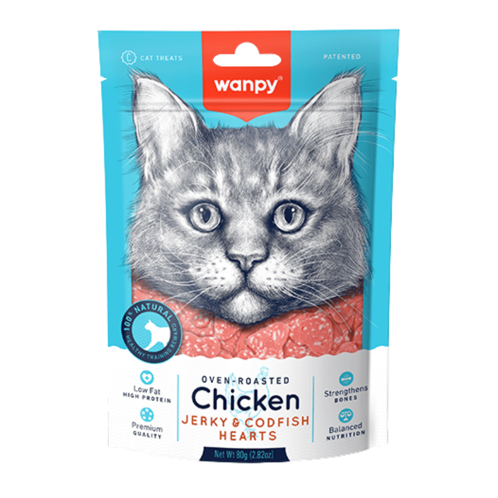 Petisco para Gatos Mini Corações Carne Seca de Frango e Bacalhau 80g Wanpy